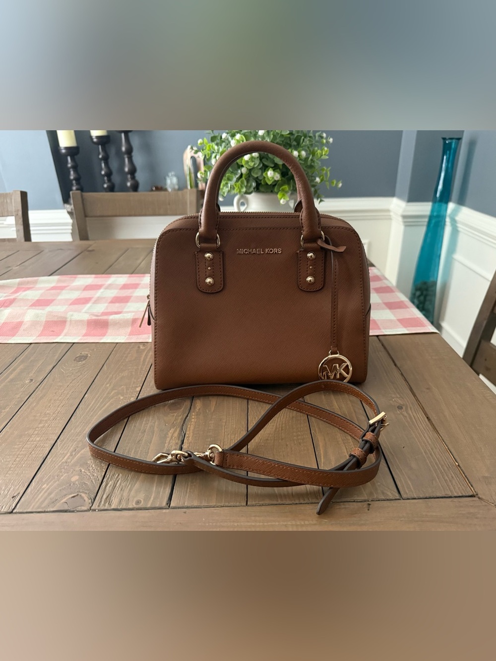 Michael Kors Brown Saffiano Dome Satchel with Gold Hardware